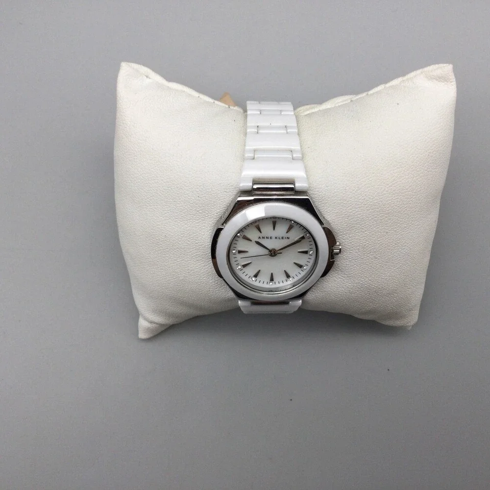Anne Klein Watch Women 31mm Silver Tone White Cermaic MOP Dial New Battery 5.75